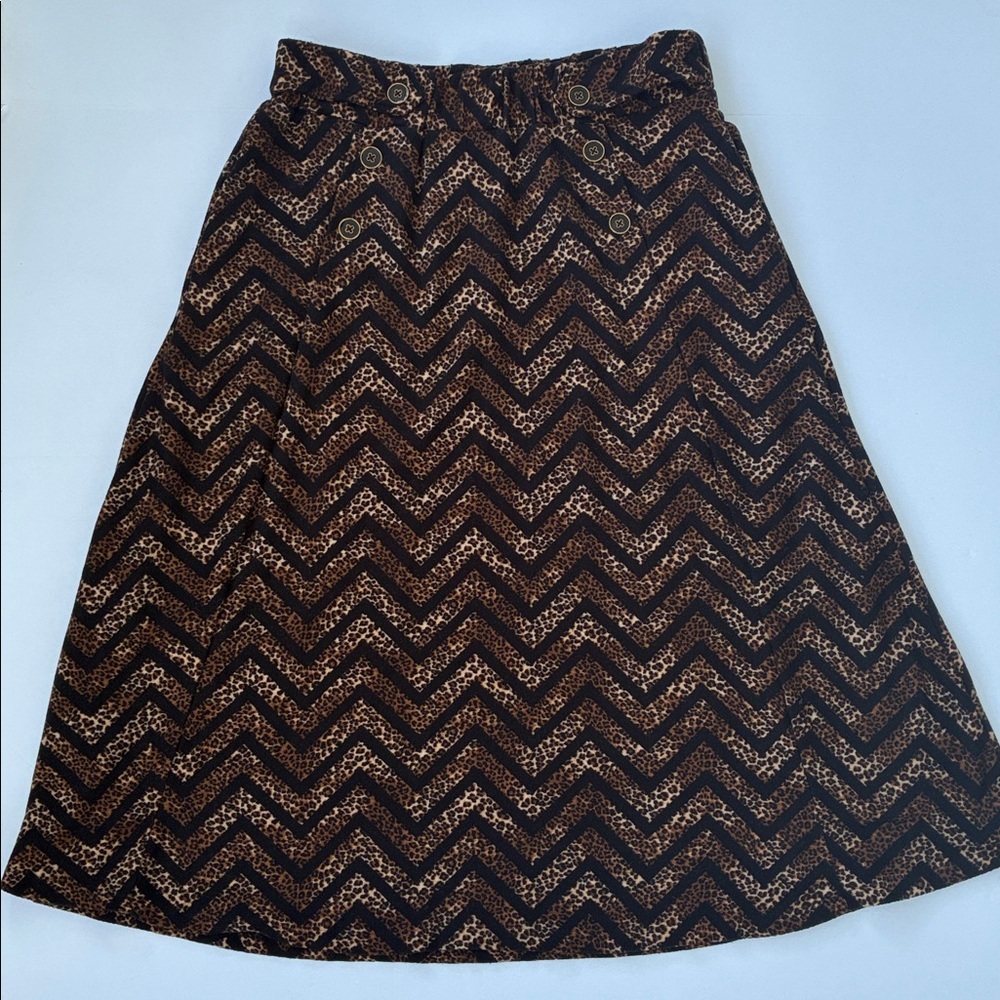 Robert Louis Brown Black Chevron Leopard Print A-Line Skirt Elastic Waist Large